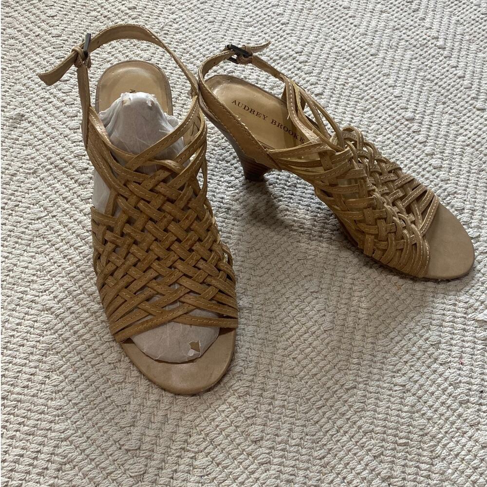 Audrey Brooke Nadia Tan Leather Strappy cone heel Sandals 10M